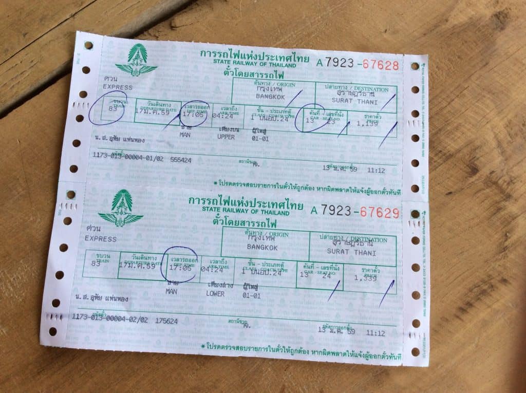 Bahnticket Thailändische Eisenbahn Bangkok Surat Thani