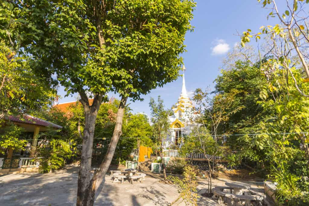 Stupa mit Bäumen im Tempel