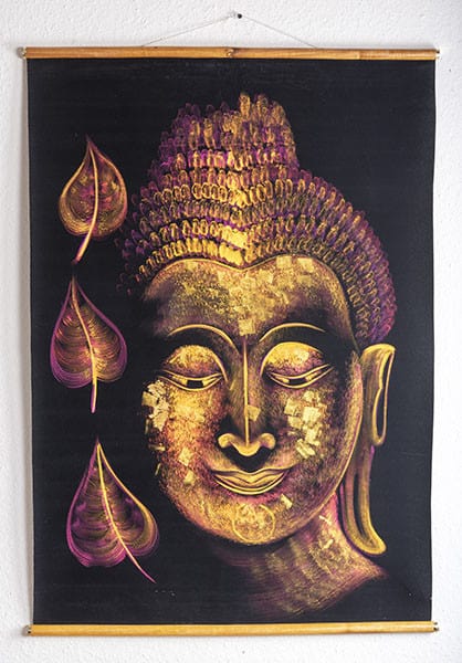 Wandteppich Buddha-Abbildung in Gold-Lila auf schwarzen Samtgrund