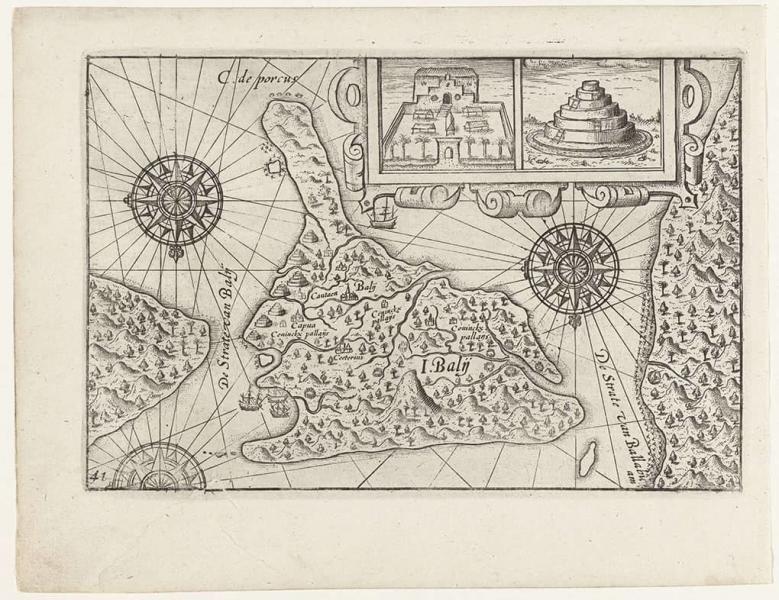 Karte von Bali von 1597 mit einer Darstellung einer Stupa